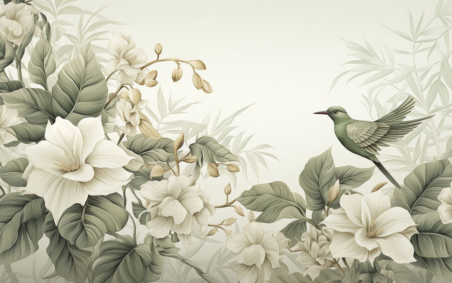 Vogel op een tak met bloemen