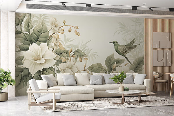 Vogel op een tak met bloemen Vogel op een tak met bloemen