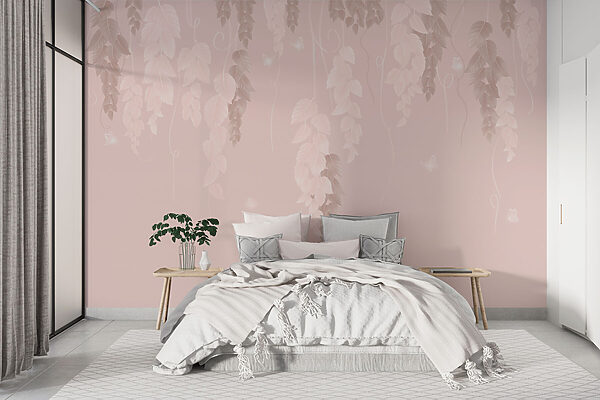Roze en witte achtergrond met bladeren en vlinders Roze en witte achtergrond met bladeren en vlinders