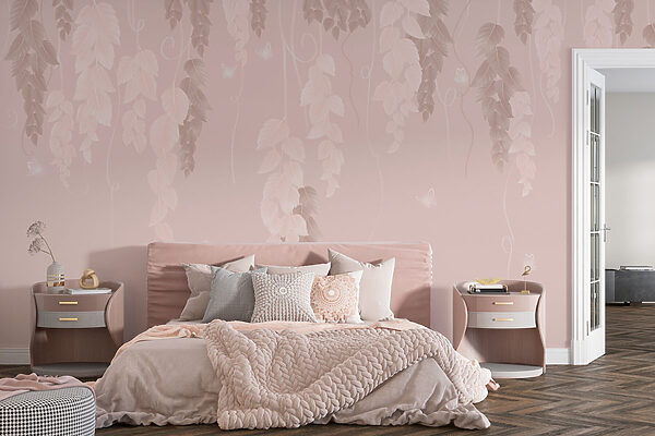 Roze en witte achtergrond met bladeren en vlinders Roze en witte achtergrond met bladeren en vlinders