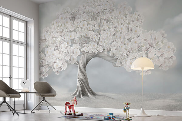 Boom met witte bloemen Fotobehang Boom met witte bloemen