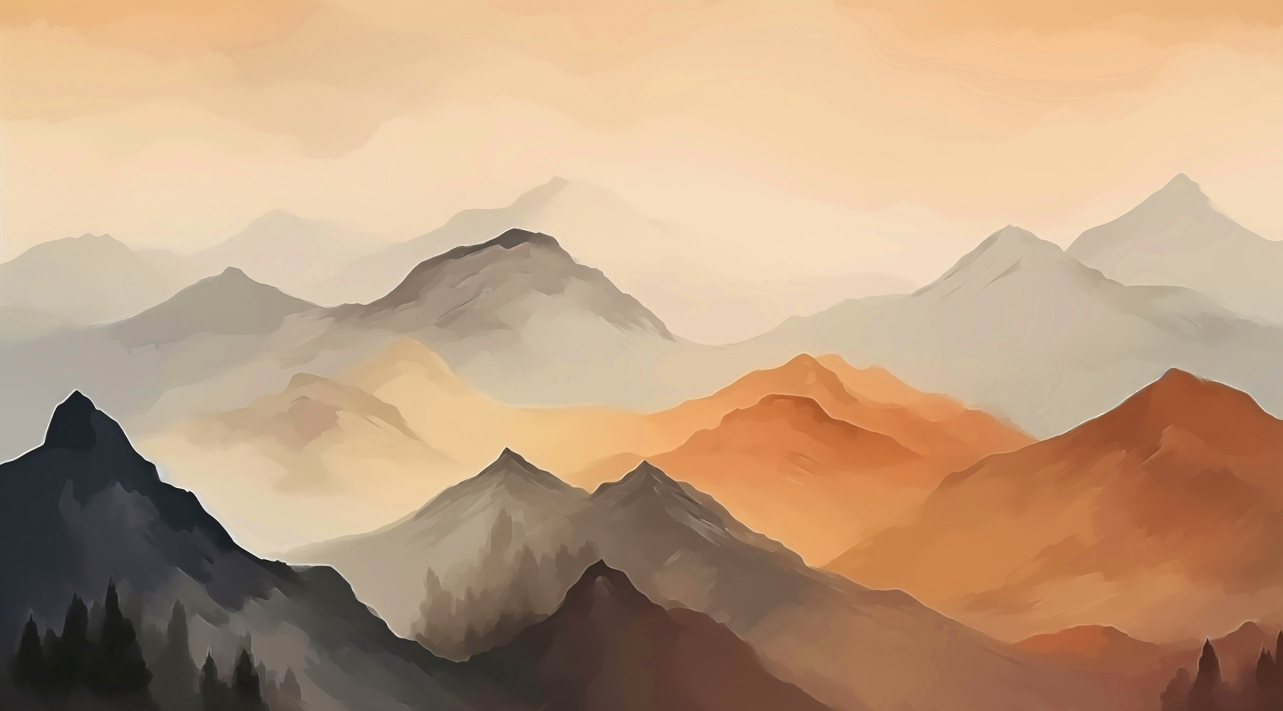 Painting of mountains in the fog