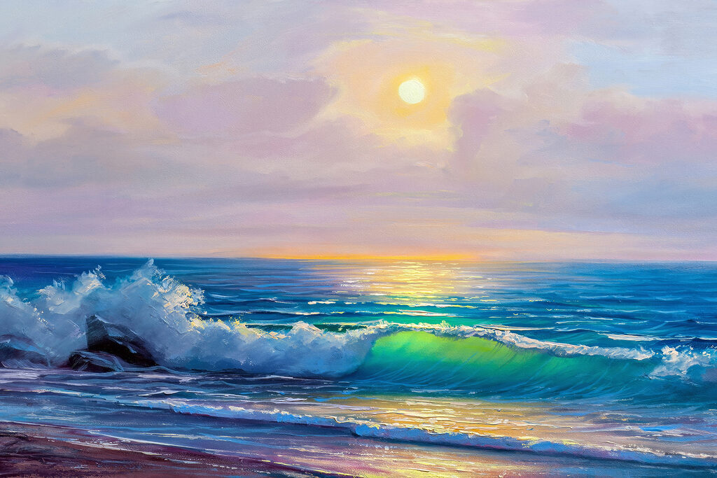 Painting of a beach with waves
