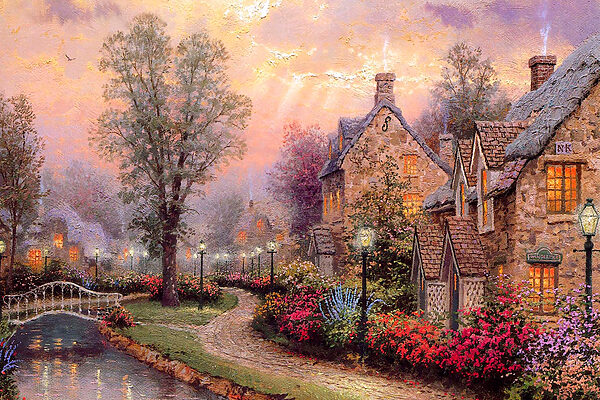 Schilderij van een huis met bloemen en een pad Schilderij van een huis met bloemen en een pad