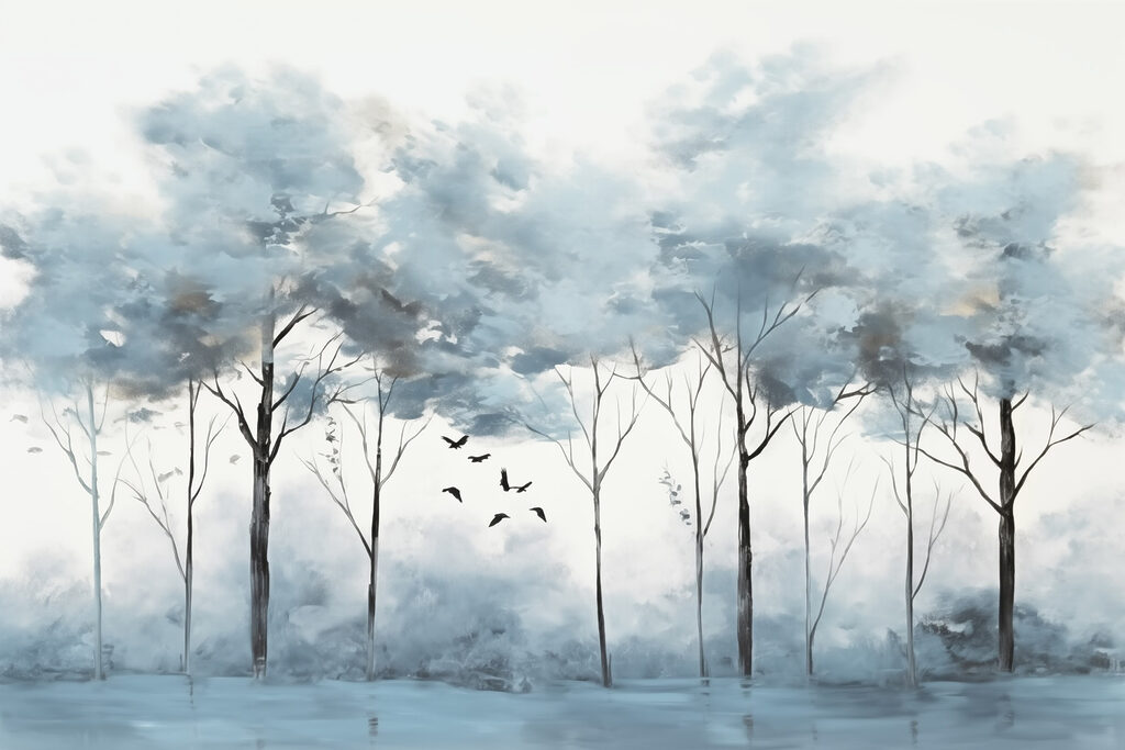Groep bomen met vliegende vogels Groep bomen met vliegende vogels