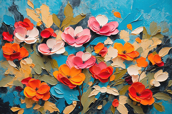 Schilderij van bloemen op een blauw oppervlak Schilderij van bloemen op een blauw oppervlak