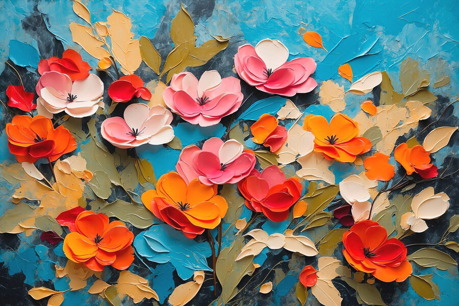 Schilderij van bloemen op een blauw oppervlak Schilderij van bloemen op een blauw oppervlak