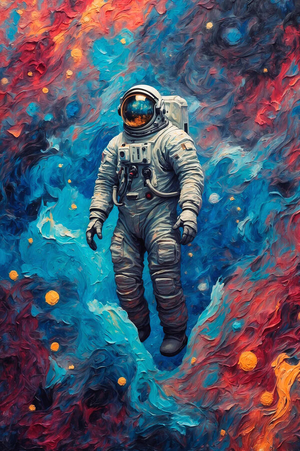 Een astronaut in de ruimte met kleurrijke achtergrond Een astronaut in de ruimte met kleurrijke achtergrond