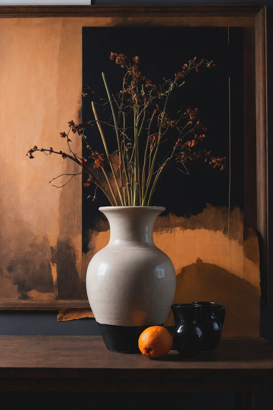 Vaas met gedroogde bloemen en sinaasappels