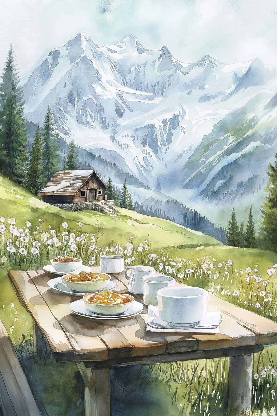 Tafel met borden eten en kopjes erop met bergen op de achtergrond