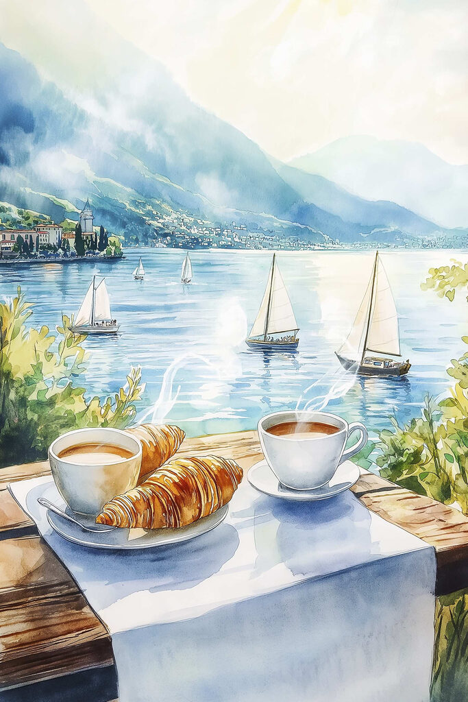 Watercolor painting of a table with coffee and croissants on it