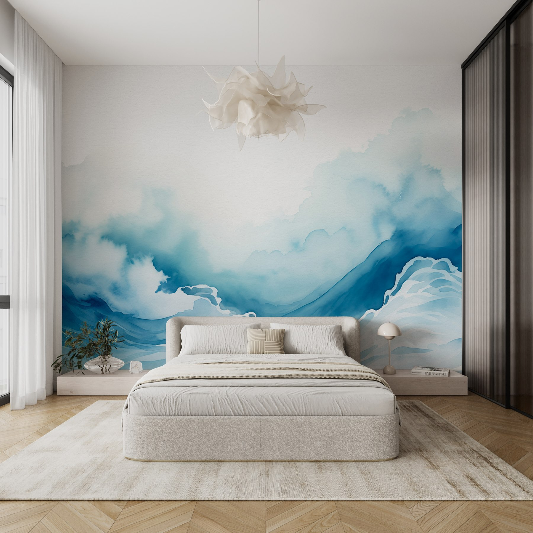 Watercolor of a mountain with clouds