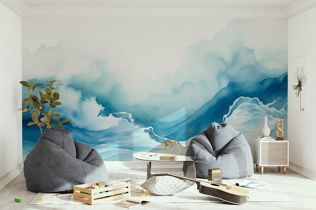 Watercolor of a mountain with clouds