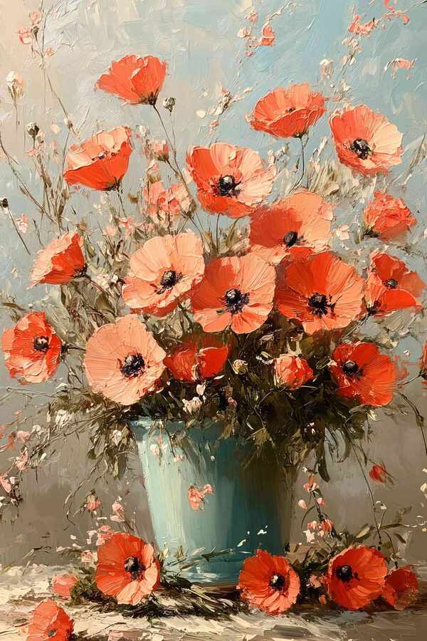 Schilderij van bloemen in een blauwe vaas Schilderij van bloemen in een blauwe vaas