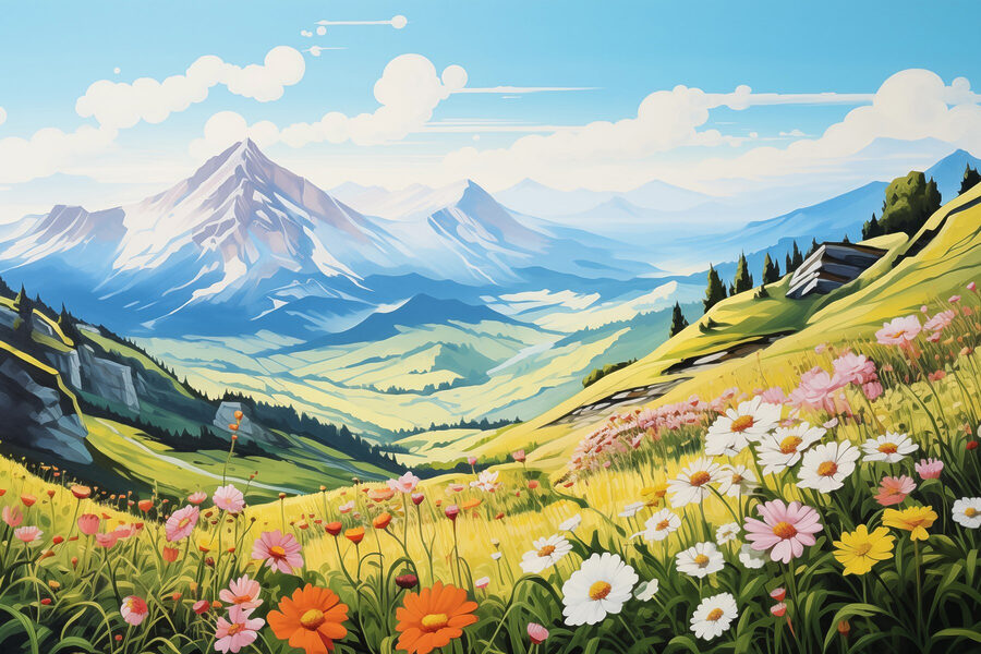 Landschap met bergen en bloemen