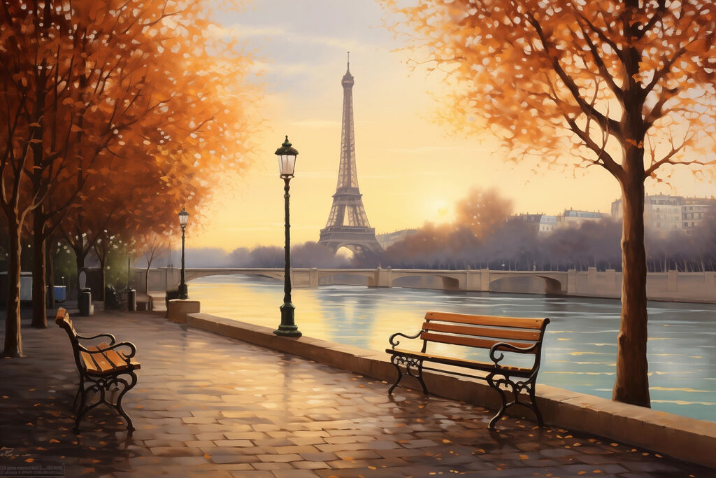 Bench and a river with trees and a tower in the background