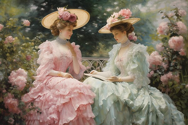 Schilderij van vrouwen in jurken en hoeden Schilderij van vrouwen in jurken en hoeden