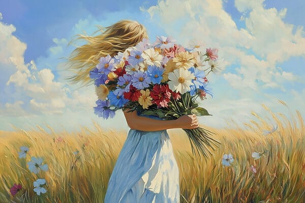Vrouw met boeket bloemen Vrouw met boeket bloemen