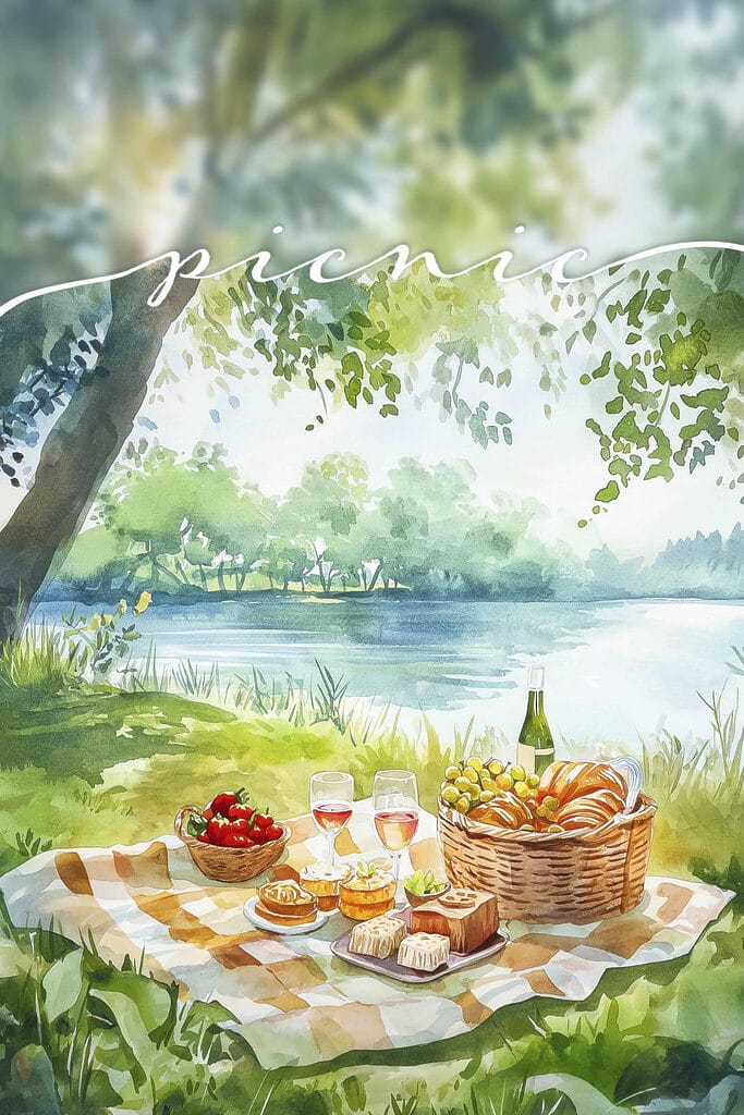 Watercolor painting of a picnic with food and wine on a blanket by a lake