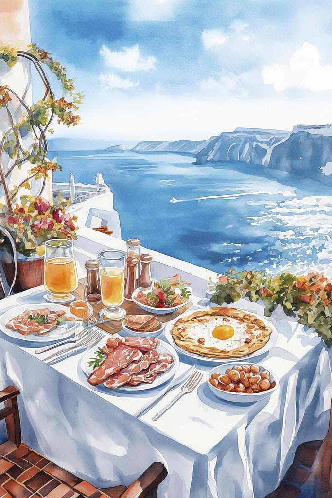 Watercolor painting of food on a table overlooking a body of water