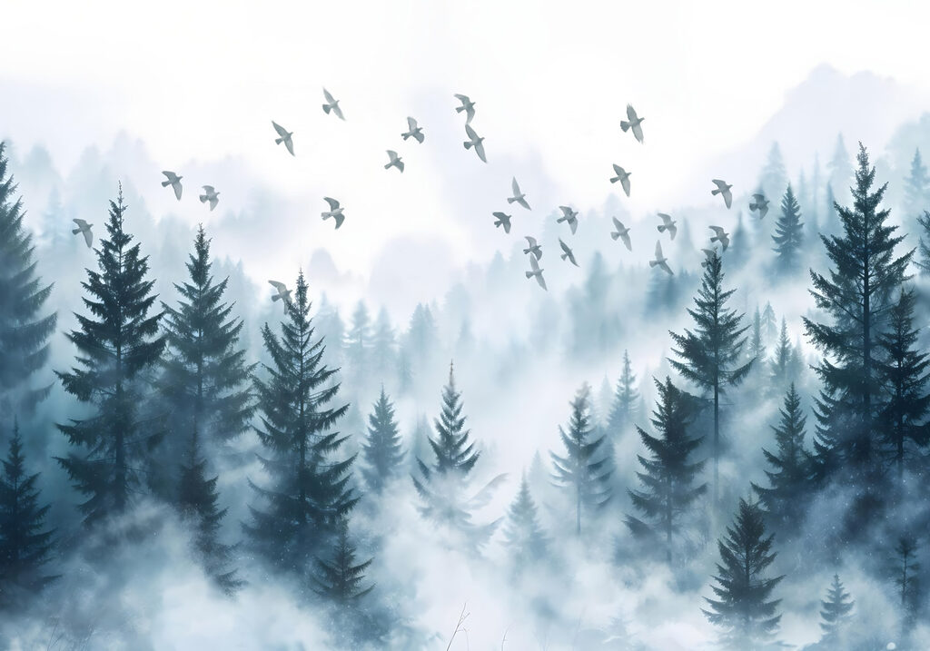 Vogels vliegen over een bos Vogels vliegen over een bos