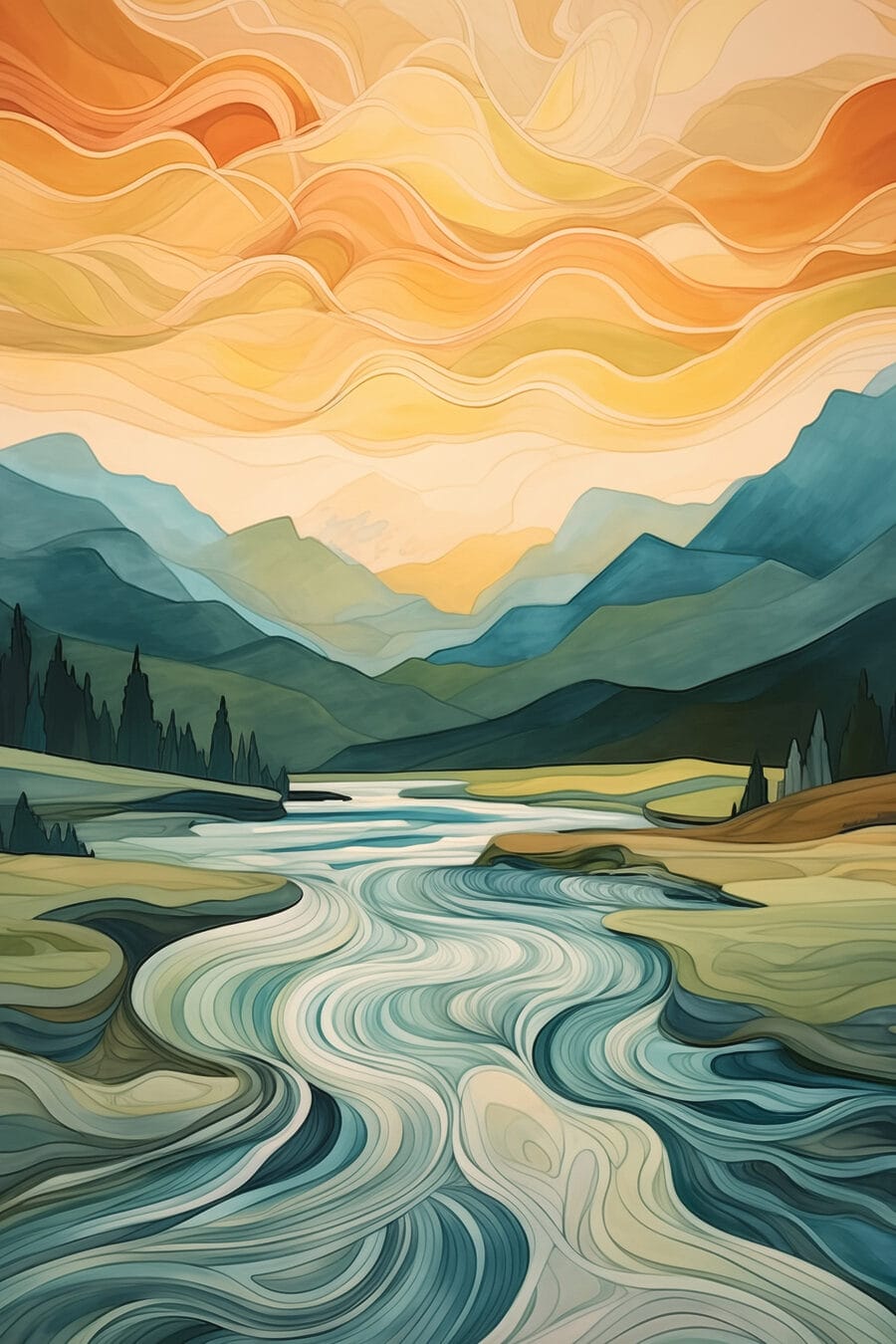 Schilderij van een rivier die door een vallei stroomt