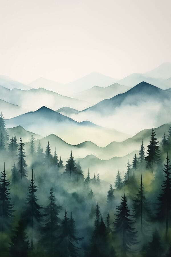 Schilderij van een bergketen met bomen en mist Schilderij van een bergketen met bomen en mist