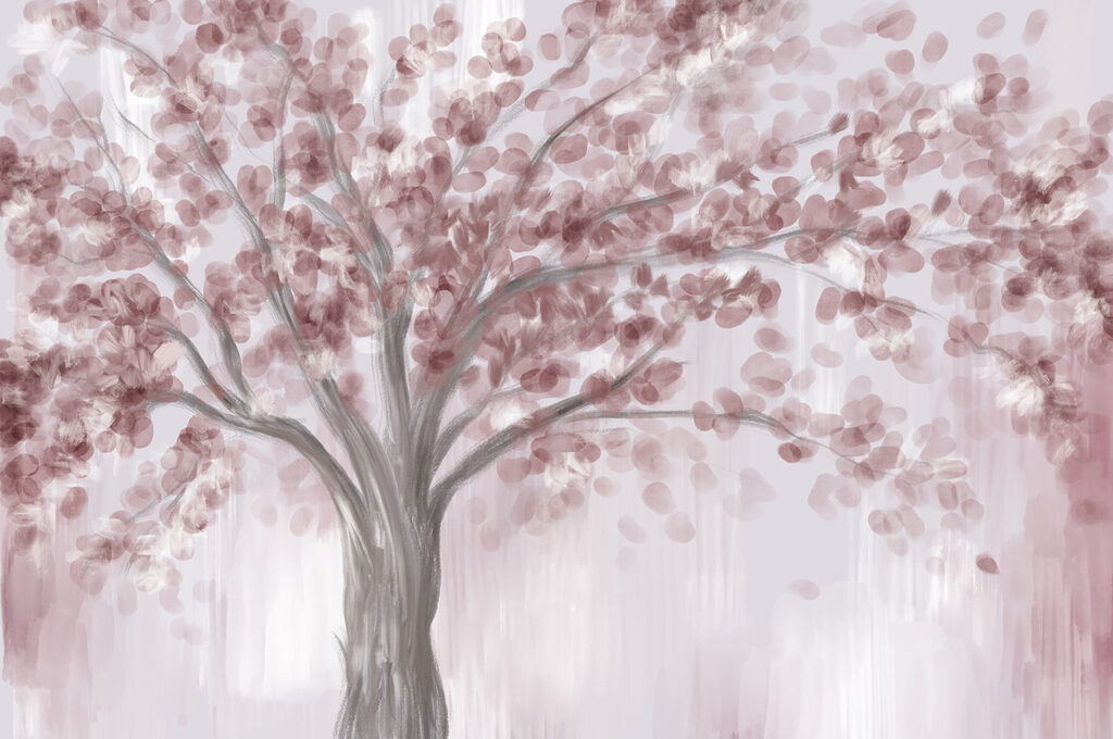 Schilderij van een boom met roze bladeren Schilderij van een boom met roze bladeren