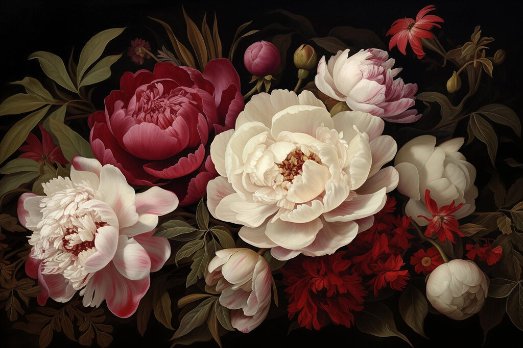 Schilderij van bloemen op zwarte achtergrond Schilderij van bloemen op zwarte achtergrond
