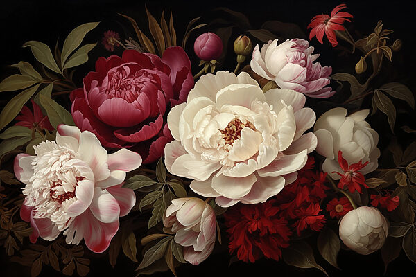 Schilderij van bloemen op zwarte achtergrond Schilderij van bloemen op zwarte achtergrond