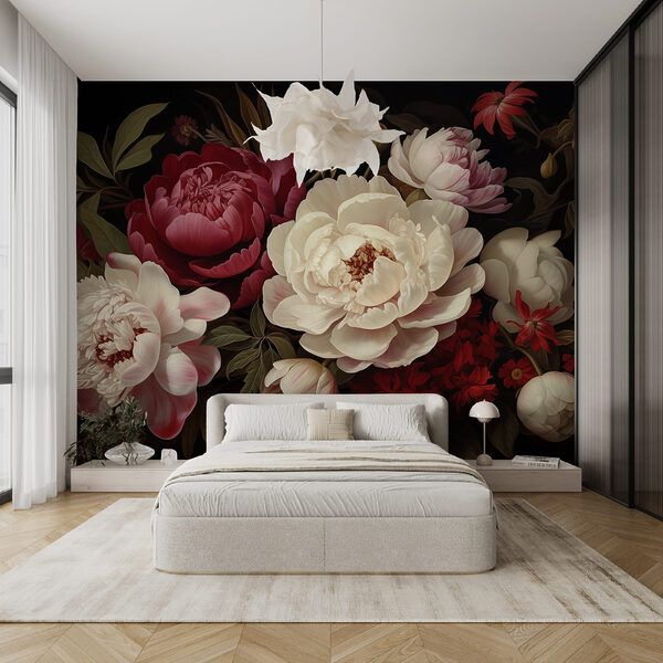 Schilderij van bloemen op zwarte achtergrond Schilderij van bloemen op zwarte achtergrond
