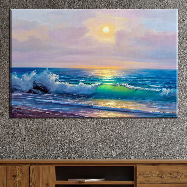 Schilderij van een strand met golven Schilderij van een strand met golven