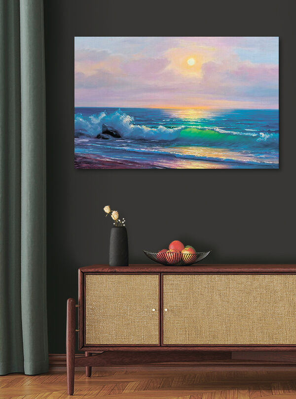 Schilderij van een strand met golven Schilderij van een strand met golven