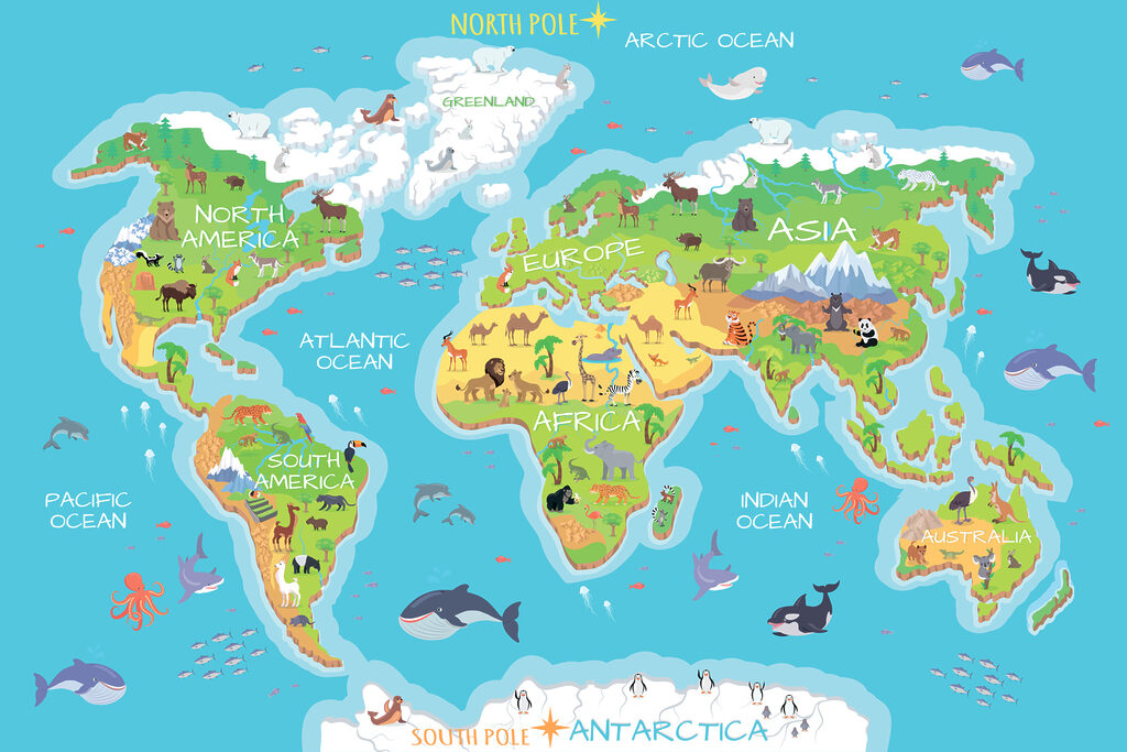 Map of the world with animals Map of the world with animals