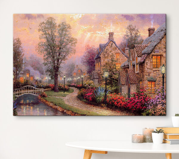 Schilderij van een huis met bloemen en een pad Schilderij van een huis met bloemen en een pad