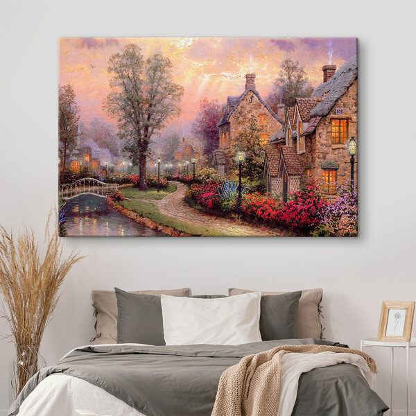 Schilderij van een huis met bloemen en een pad Schilderij van een huis met bloemen en een pad