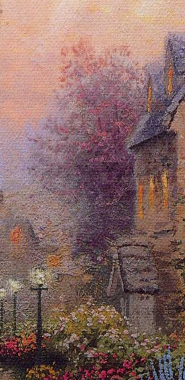 Schilderij van een huis met bloemen en een pad Schilderij van een huis met bloemen en een pad