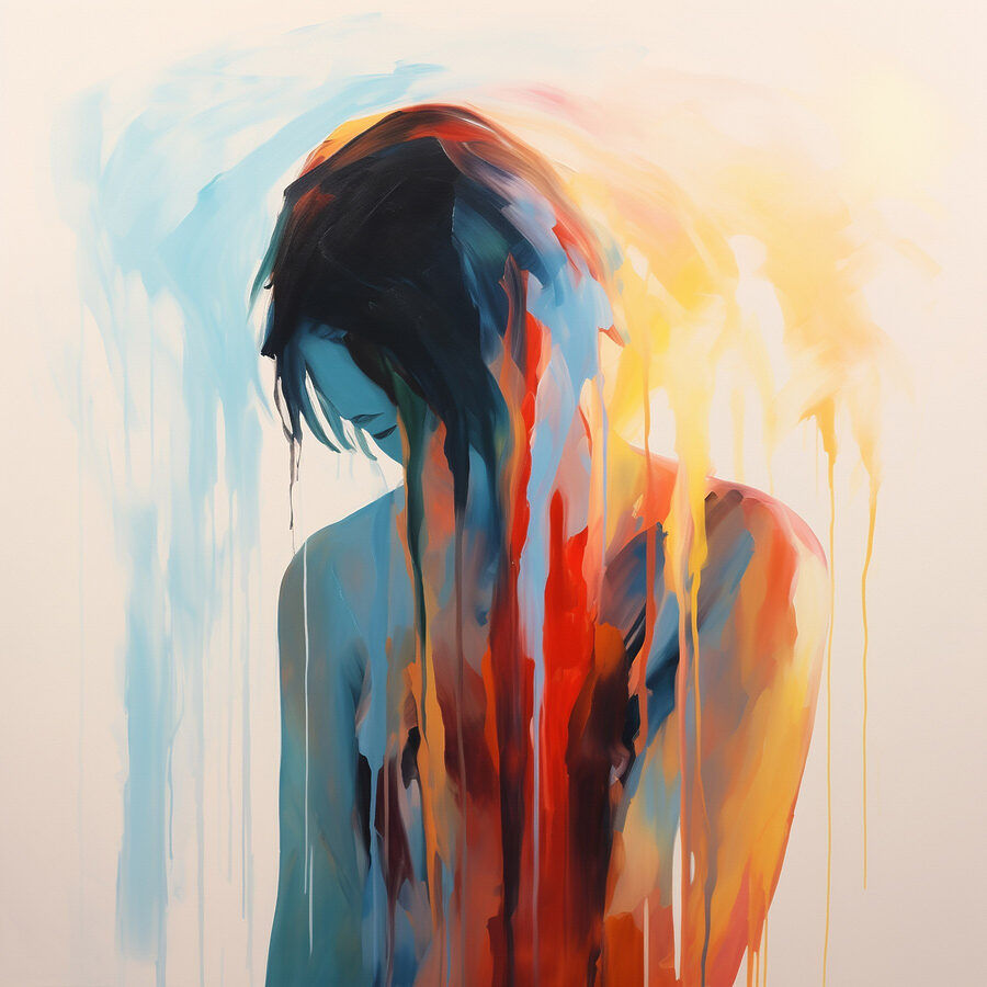 Schilderij van een vrouw met kleurrijke verf die langs haar gezicht druipt Schilderij van een vrouw met kleurrijke verf die langs haar gezicht druipt