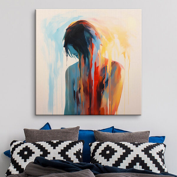 Schilderij van een vrouw met kleurrijke verf die langs haar gezicht druipt Schilderij van een vrouw met kleurrijke verf die langs haar gezicht druipt