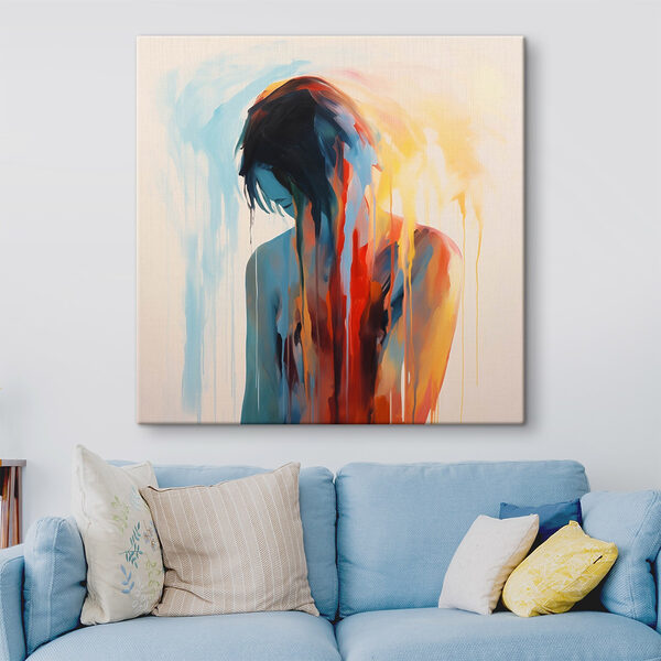 Schilderij van een vrouw met kleurrijke verf die langs haar gezicht druipt Schilderij van een vrouw met kleurrijke verf die langs haar gezicht druipt