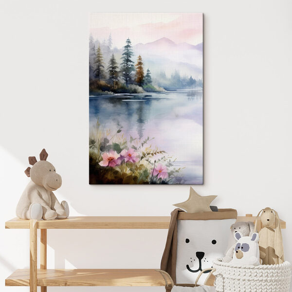 Aquarel van een meer met bomen en bloemen Aquarel van een meer met bomen en bloemen