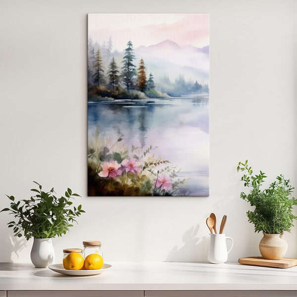 Aquarel van een meer met bomen en bloemen Aquarel van een meer met bomen en bloemen