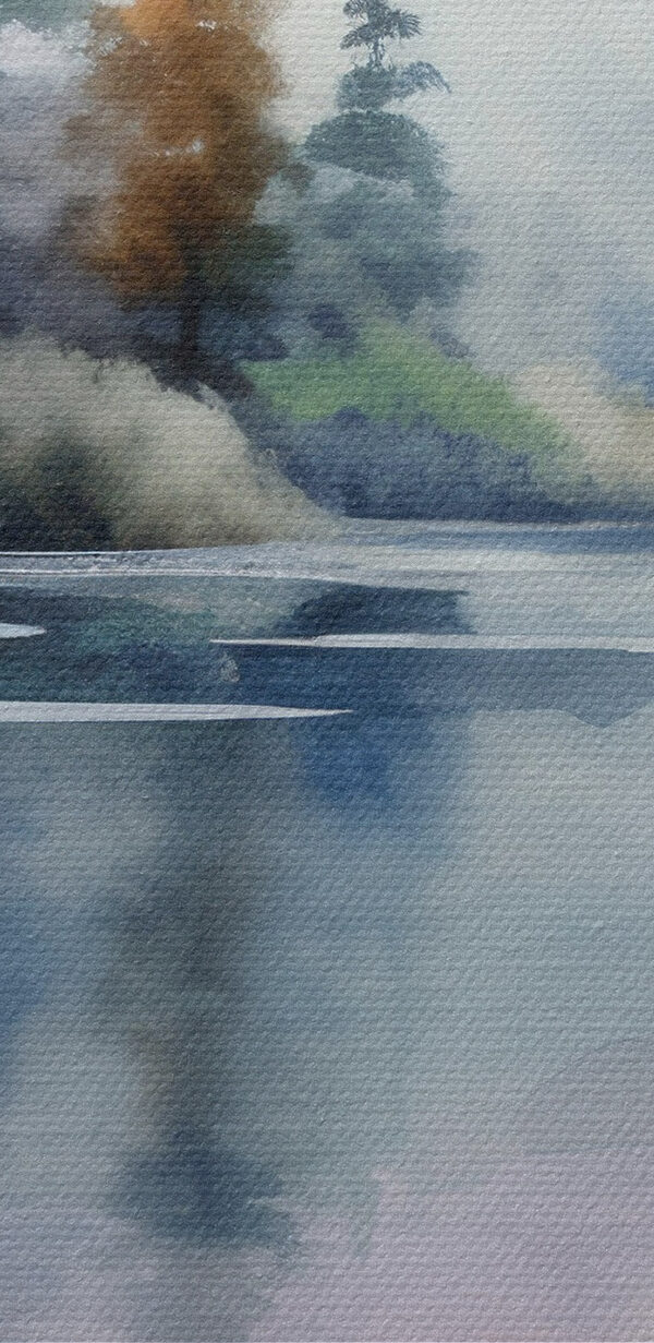 Aquarel van een meer met bomen en bloemen Aquarel van een meer met bomen en bloemen