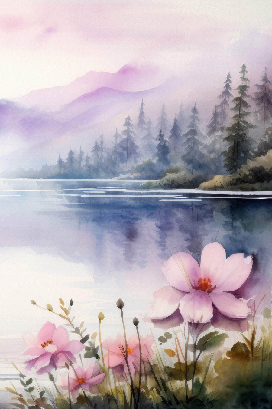 Aquarel schilderij van bloemen en bomen bij een meer
