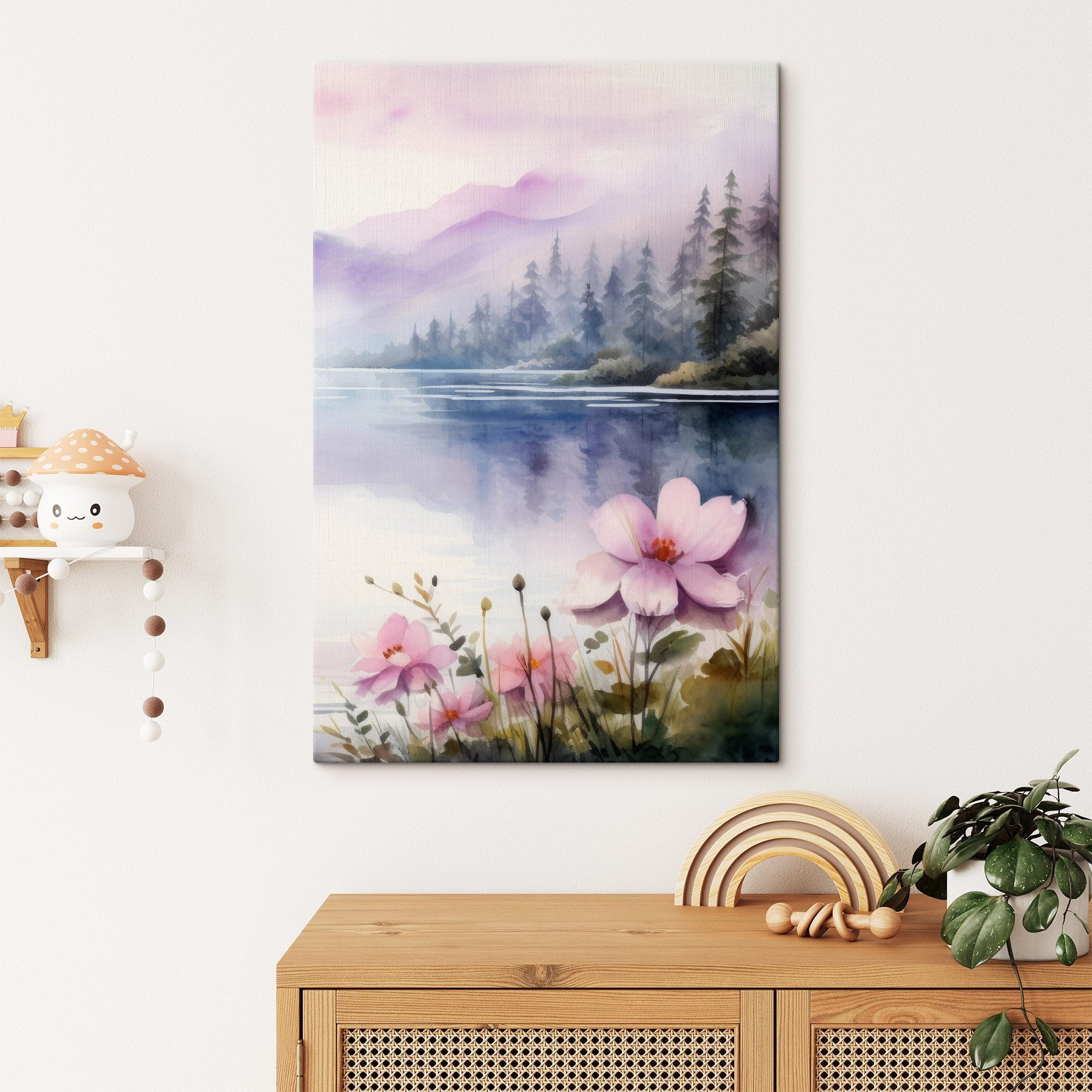 Watercolor painting of flowers and trees by a lake