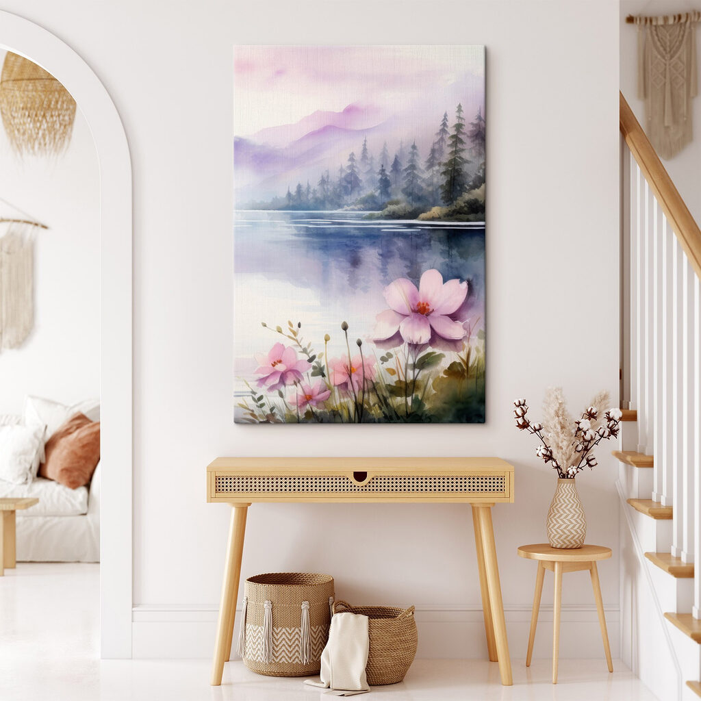 Watercolor painting of flowers and trees by a lake