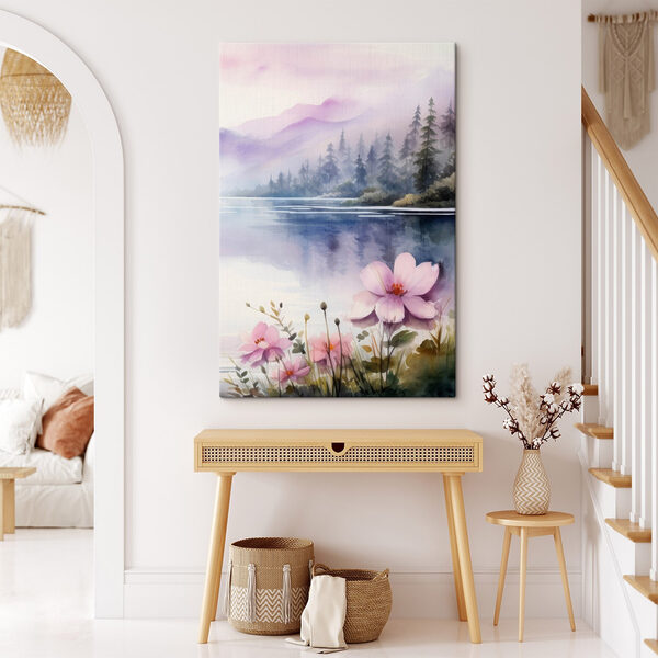 Aquarel schilderij van bloemen en bomen bij een meer Aquarel schilderij van bloemen en bomen bij een meer