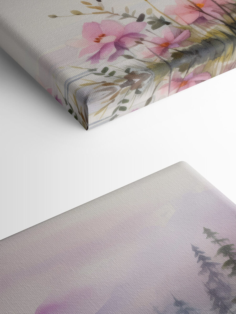 Aquarel schilderij van bloemen en bomen bij een meer