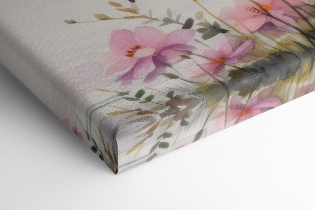 Watercolor painting of flowers and trees by a lake