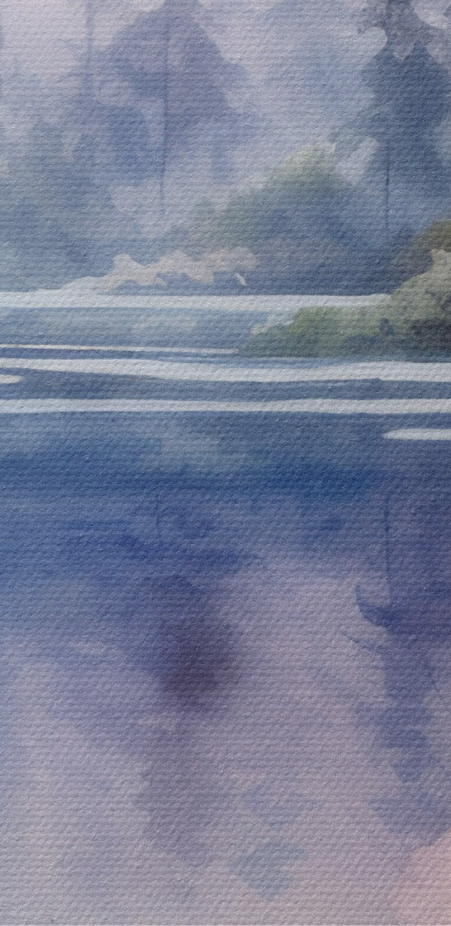 Aquarel schilderij van bloemen en bomen bij een meer
